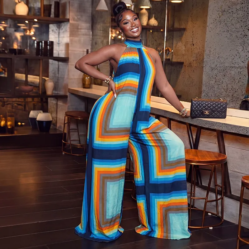 Women Fashion Printed Loose Wide-Leg Jumpsuits