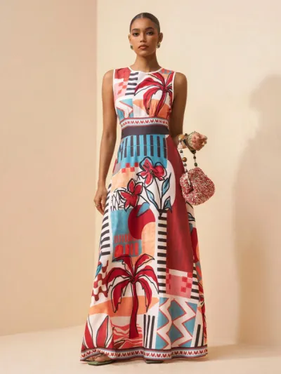 Bohemian Vacation Women Casual Sleeveless Print Maxi A-Line Dress