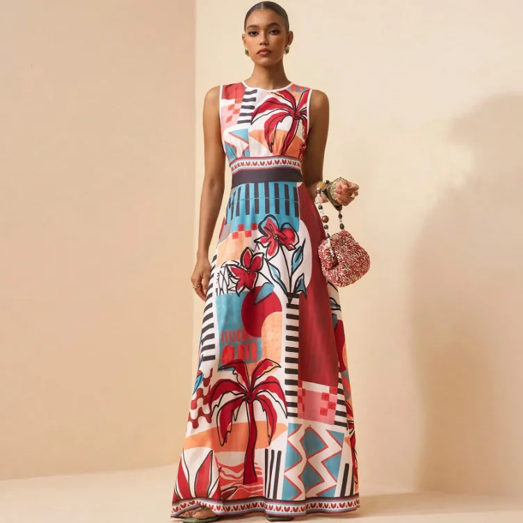 Bohemian Vacation Women Casual Sleeveless Print Maxi A-Line Dress