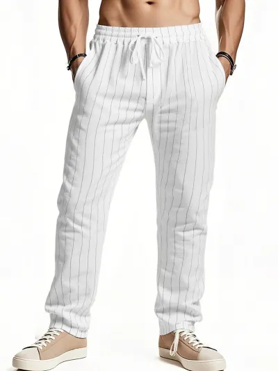 Men Fashion Casual Stripe Cotton And Linen Loose Breathable Pants