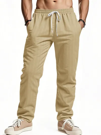 Men Fashion Casual Stripe Cotton And Linen Loose Breathable Pants