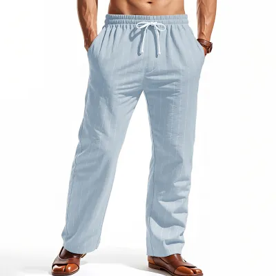 Men Fashion Casual Stripe Cotton And Linen Loose Breathable Pants