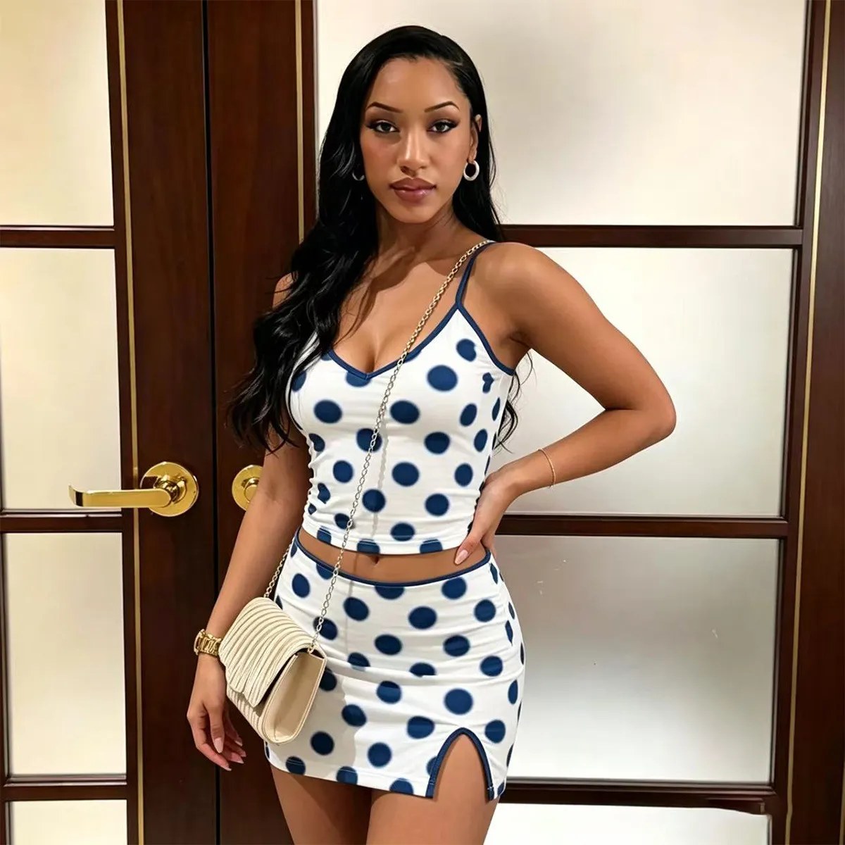 Women Sexy Polo-Dot Contrast Print Sling Top And Skirt Two-Piece Set