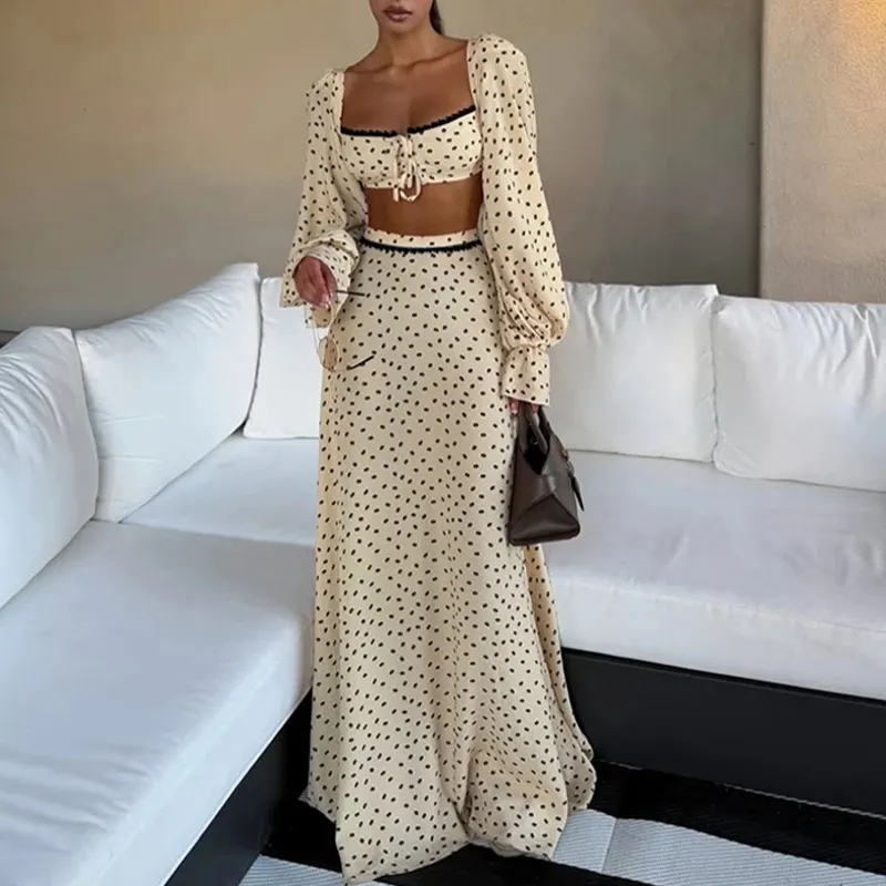 Women'S Fashion Polo Dot Print Long Sleeve Shirt And Skirt Two-Piece Set
