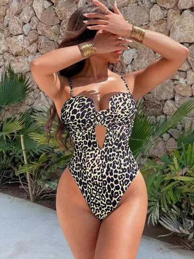 Women Fashion Solid Color Hollow Sling One-Piece Swimsuit