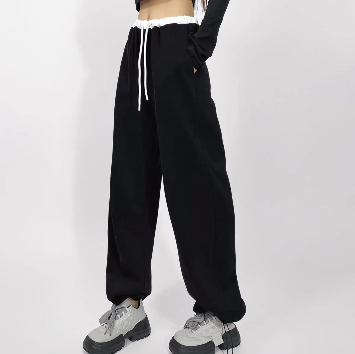 Women Fashion Autumn Drawstring Color-Matching Straight Pants