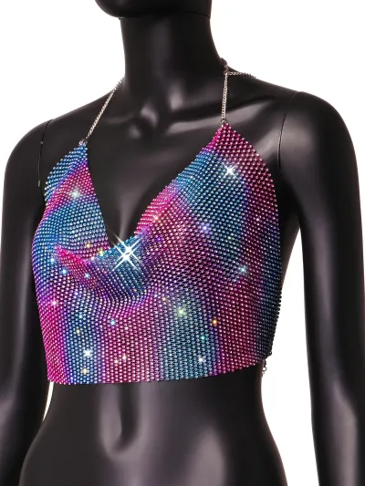 Women Fashion Sexy Summer Rhinestone Backless Slim-Fit Fishing Net Crop Top