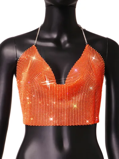 Women Fashion Sexy Summer Rhinestone Backless Slim-Fit Fishing Net Crop Top