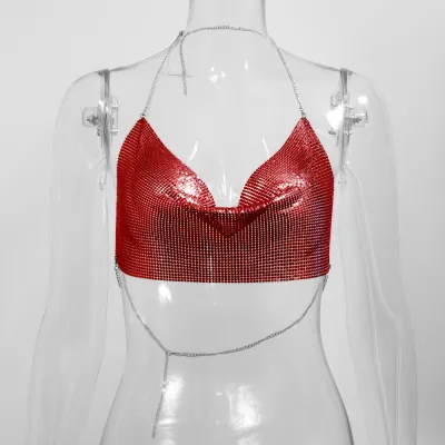 Women'S Fashion Sexy Solid Color Metal Chain Sequin Crop Top