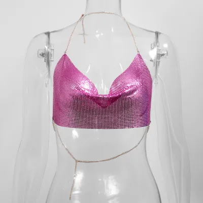 Women'S Fashion Sexy Solid Color Metal Chain Sequin Crop Top