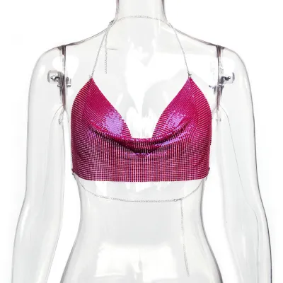 Women'S Fashion Sexy Solid Color Metal Chain Sequin Crop Top