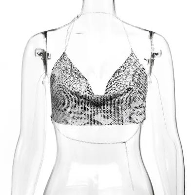 Women'S Fashion Sexy Solid Color Metal Chain Sequin Crop Top