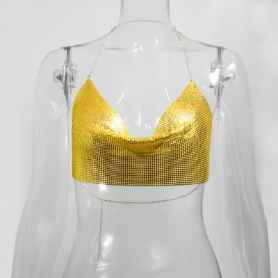 Women'S Fashion Sexy Solid Color Metal Chain Sequin Crop Top