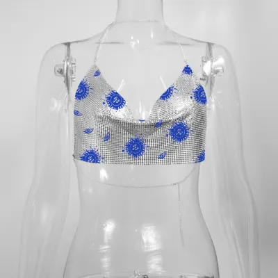 Women'S Fashion Sexy Solid Color Metal Chain Sequin Crop Top