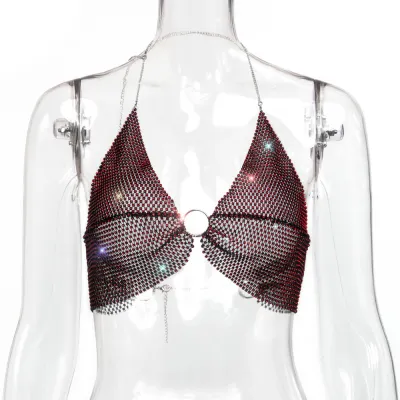 Women Fashion Sexy Summer Rhinestone Halter-Neck Crop Top