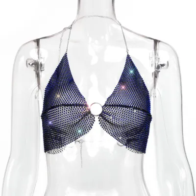 Women Fashion Sexy Summer Rhinestone Halter-Neck Crop Top