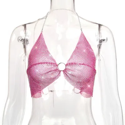 Women Fashion Sexy Summer Rhinestone Halter-Neck Crop Top