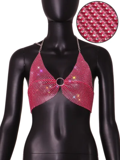 Women Fashion Sexy Summer Rhinestone Halter-Neck Crop Top