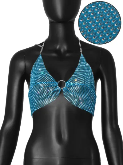 Women Fashion Sexy Summer Rhinestone Halter-Neck Crop Top