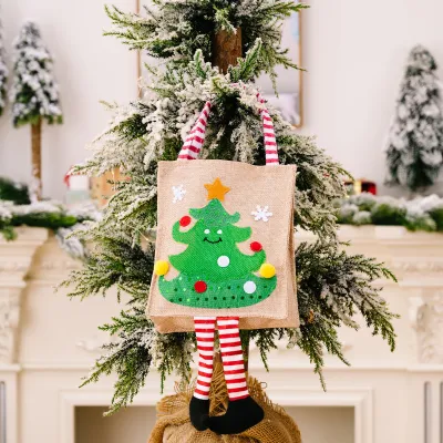 Christmas Cartoon Printed Hanging Stripe Leg Tote Bag Holiday Gift Bag Decorations