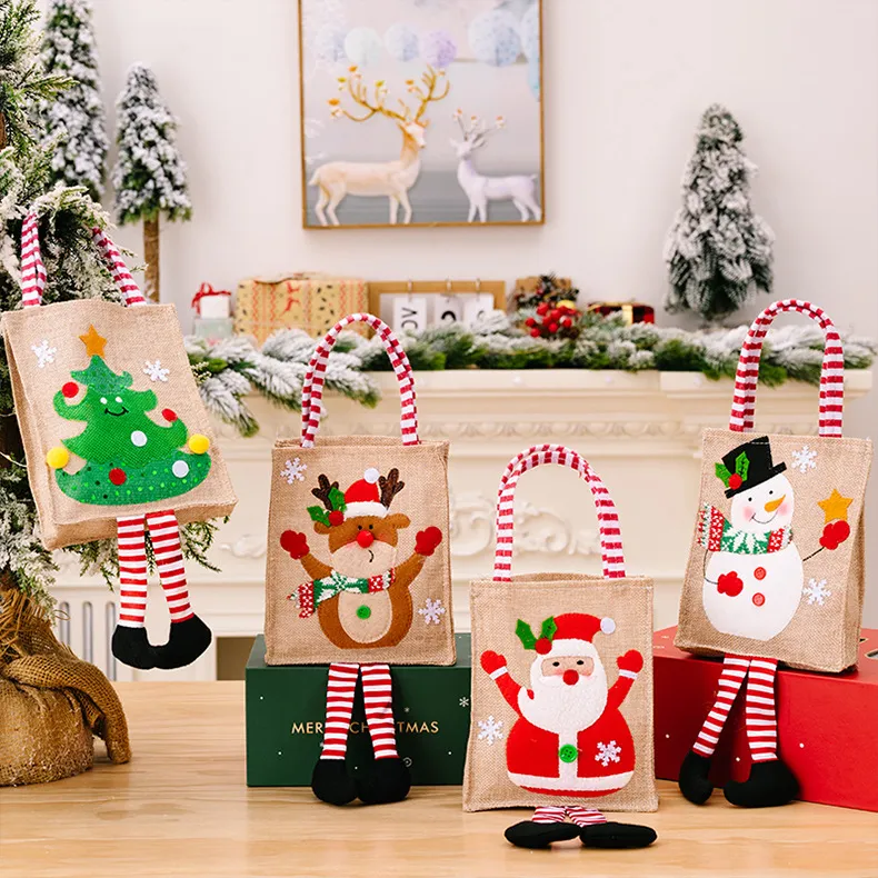Christmas Cartoon Printed Hanging Stripe Leg Tote Bag Holiday Gift Bag Decorations