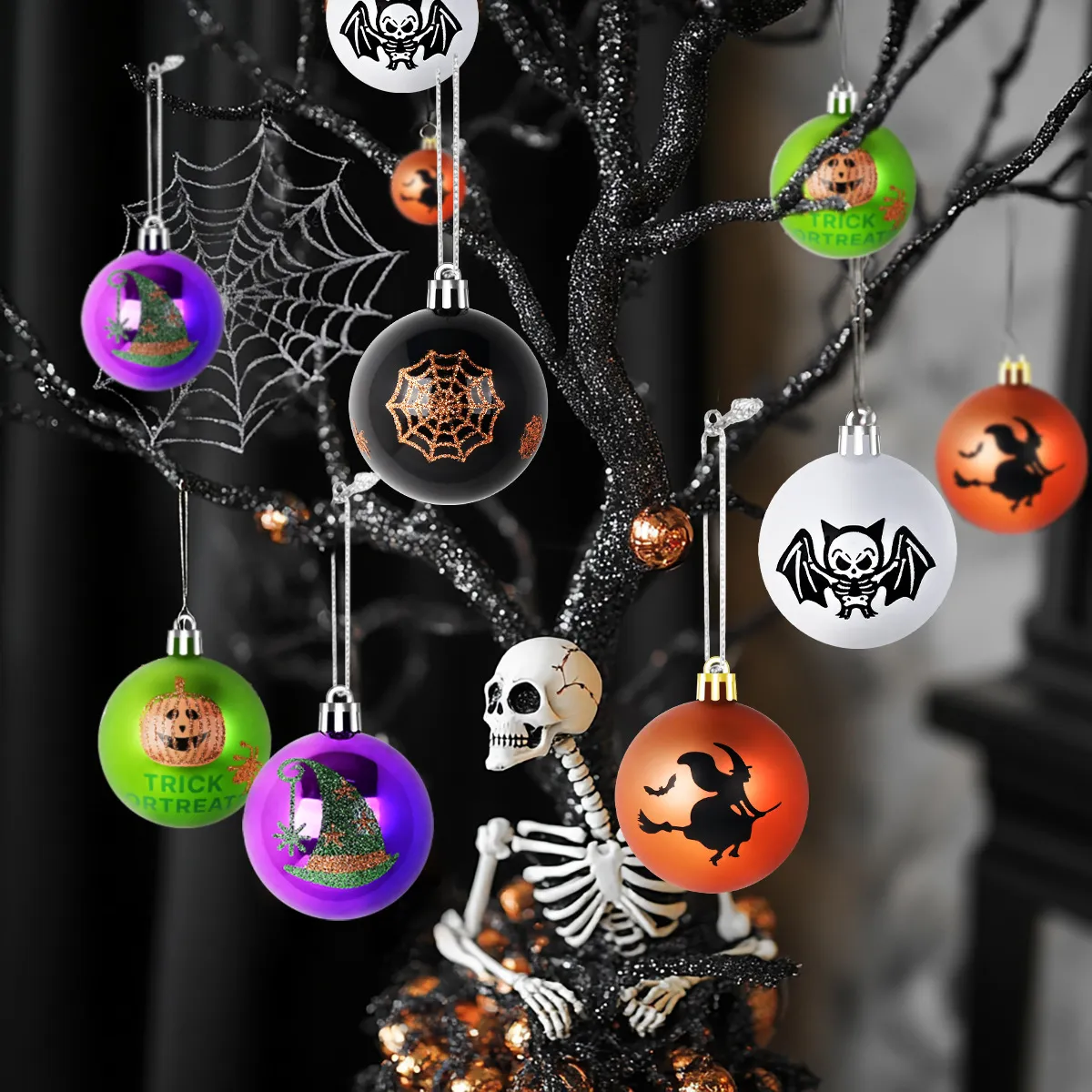 Halloween 6cm Painted Electroplated Ghost Ball Dark Skull Pumpkin Decoration 16pcs/Set