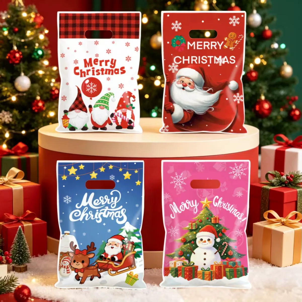 Creative Christmas Printing Gift Packaging Portable Plastic Bag 50pcs/pack