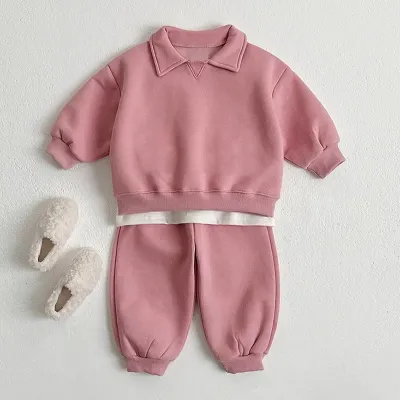 Kids Baby Boys And Girls Spring And Autumn Cotton Lapel Sweatshirt Pants Two-Piece Set