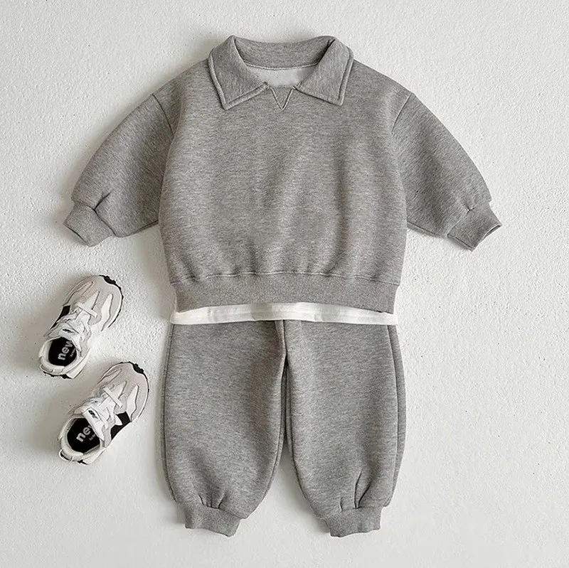 Kids Baby Boys And Girls Spring And Autumn Cotton Lapel Sweatshirt Pants Two-Piece Set