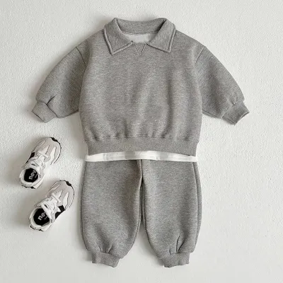 Kids Baby Boys And Girls Spring And Autumn Cotton Lapel Sweatshirt Pants Two-Piece Set