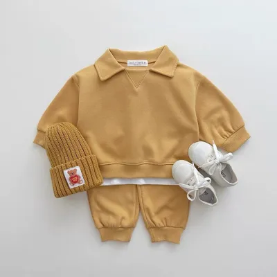 Kids Baby Boys And Girls Spring And Autumn Cotton Lapel Sweatshirt Pants Two-Piece Set