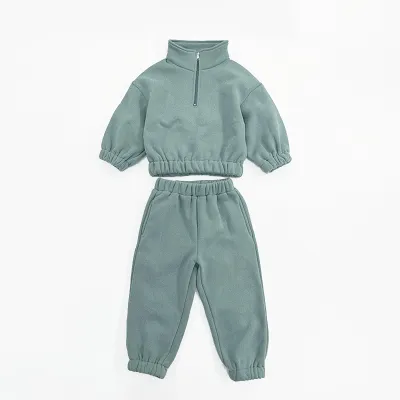 Kids Boys And Girls Fashion Casual Winter Solid Color High Collar Half Zipper Top Pants Two-Piece Set