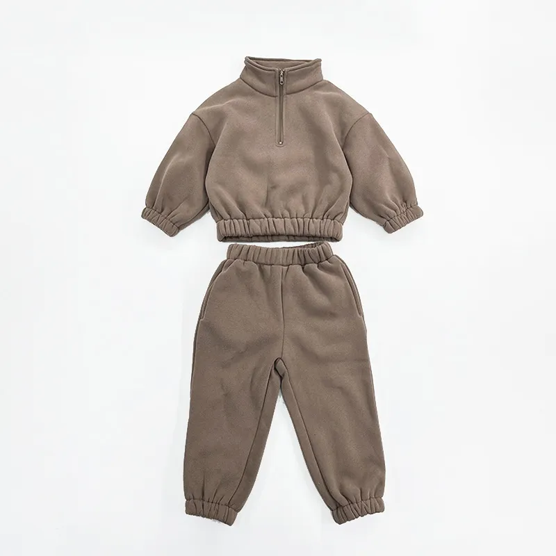 Kids Boys And Girls Fashion Casual Winter Solid Color High Collar Half Zipper Top Pants Two-Piece Set