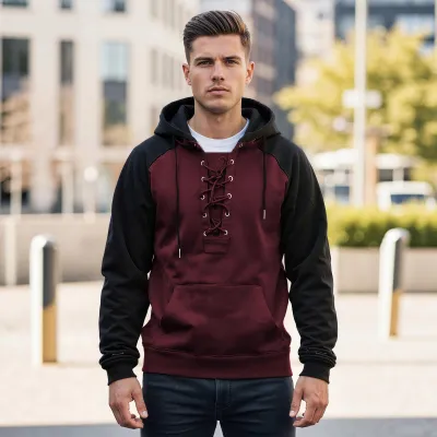 Men'S Fashion Casual Autumn And Winter Color Block Lace-Up Long-Sleeve Hoodies