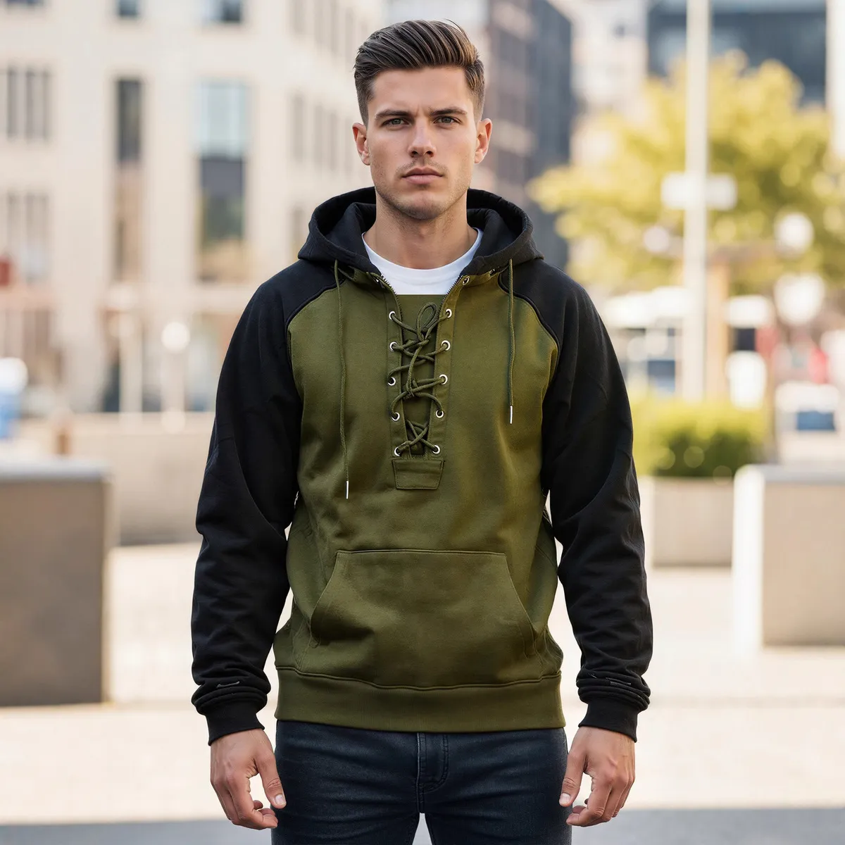Men'S Fashion Casual Autumn And Winter Color Block Lace-Up Long-Sleeve Hoodies