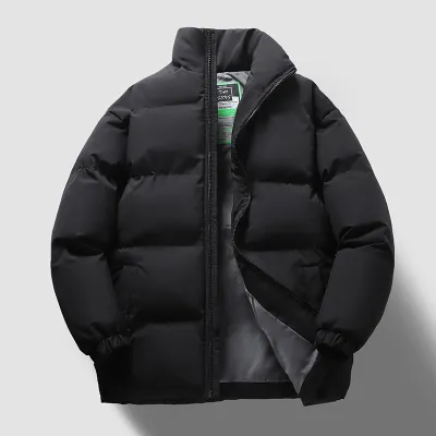 Men Fashion Autumn And Winter Solid Color Standing Collar Long Sleeve Cotton-Padded Thickened Coat