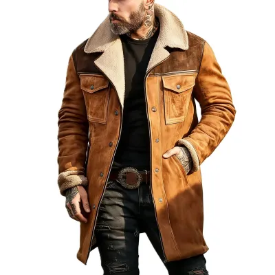 Men'S Fashion Retro Autumn And Winter Suede Patchwork Multi-Pocket Lapel Long Coat