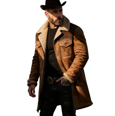 Men'S Fashion Retro Autumn And Winter Suede Patchwork Multi-Pocket Lapel Long Coat