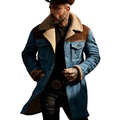 Men'S Fashion Retro Autumn And Winter Suede Patchwork Multi-Pocket Lapel Long Coat