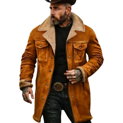 Men'S Fashion Retro Autumn And Winter Suede Patchwork Multi-Pocket Lapel Long Coat
