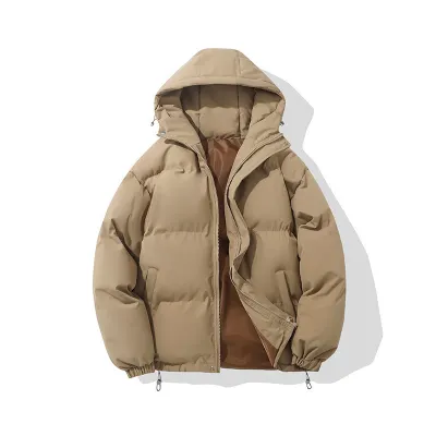 Men Fashion Autumn And Winter Solid Color Cotton Thickened With Hat Coat