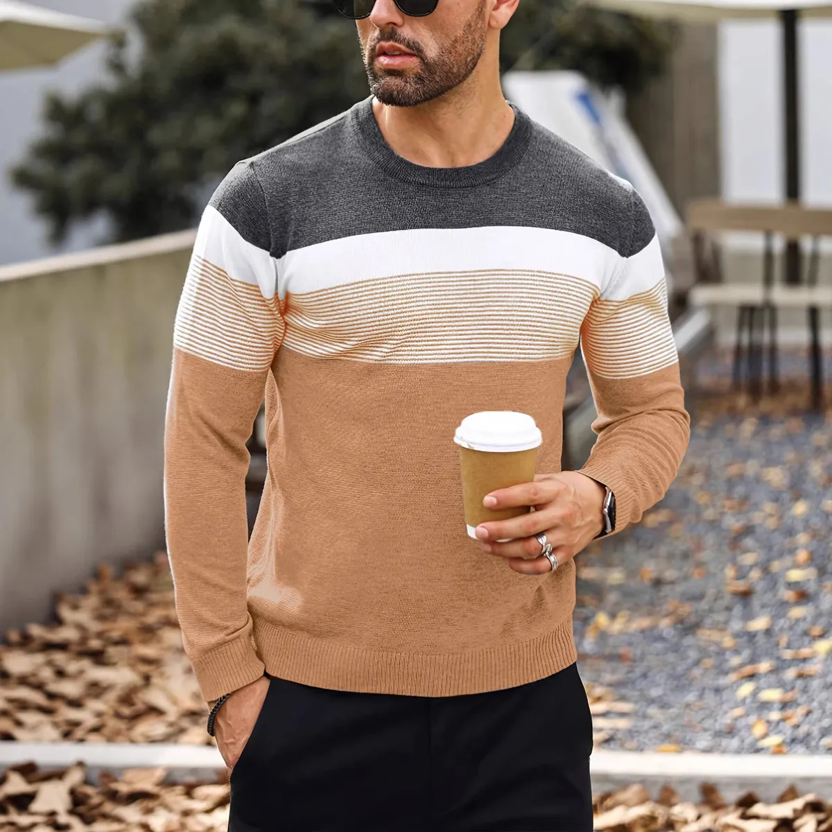 Men'S Fashion Stripe Contrast Color Long Sleeve Knitted Sweater