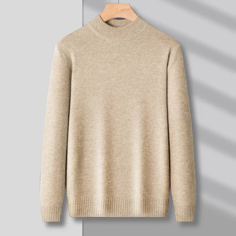 Men Fashion Solid Color Autumn And Winter Knitted Half-High Neck Long-Sleeve Sweater