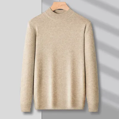 Men Fashion Solid Color Autumn And Winter Knitted Half-High Neck Long-Sleeve Sweater
