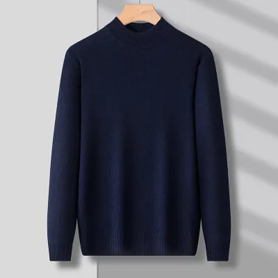 Men Fashion Solid Color Autumn And Winter Knitted Half-High Neck Long-Sleeve Sweater