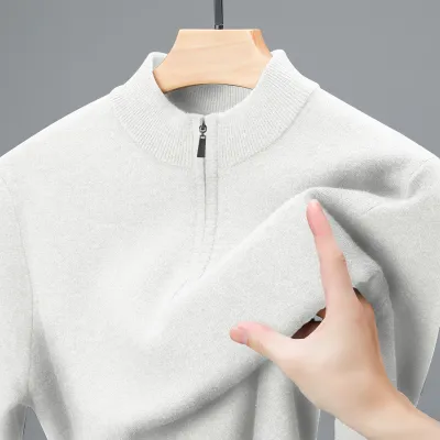 Men Fashion Autumn And Winter Solid Color Long Sleeve Half-Turtleneck Zipper Knitted Sweater