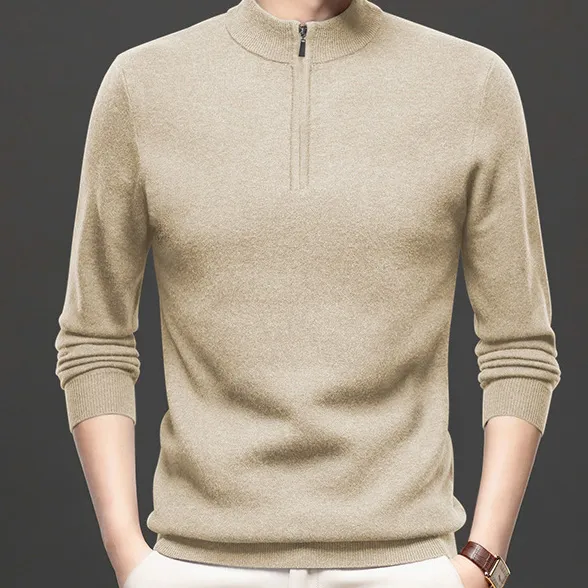 Men Fashion Autumn And Winter Solid Color Long Sleeve Half-Turtleneck Zipper Knitted Sweater