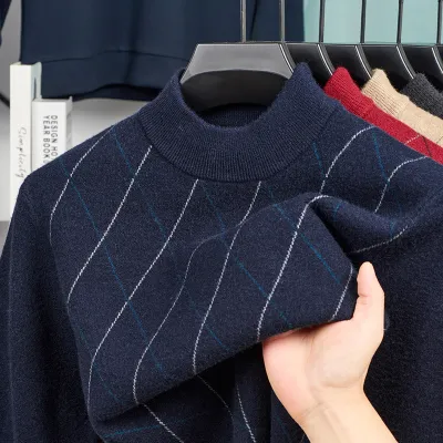 Men'S Fashion Casual Autumn And Winter Stripe Half-Turtleneck Knitted Warm Sweater