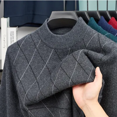 Men'S Fashion Casual Autumn And Winter Stripe Half-Turtleneck Knitted Warm Sweater