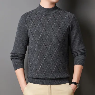 Pull chaud rayé à col roulé mi-long pour homme, style décontracté automne-hiver